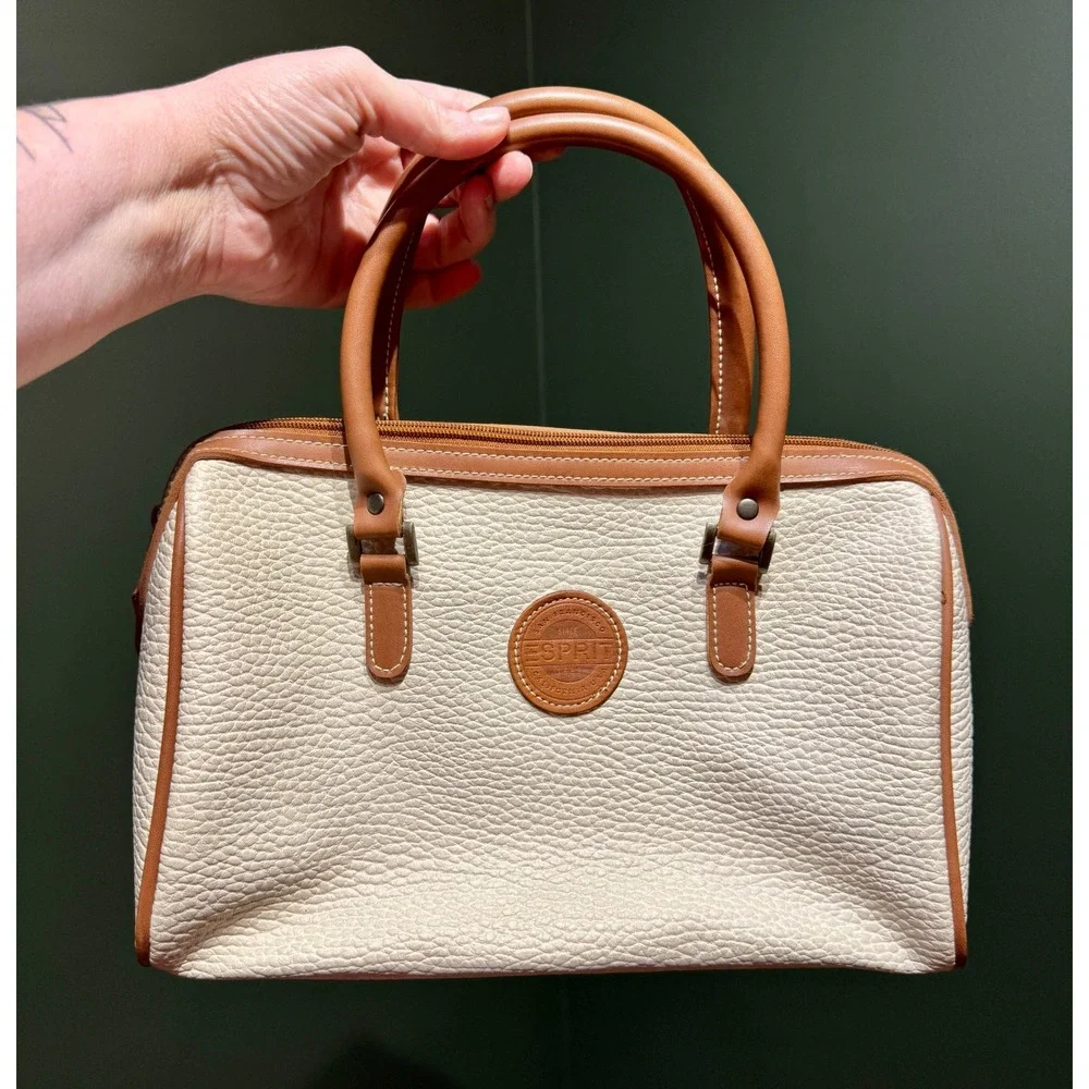 Esprit Cream Pebble Grain Satchel Bag Tan Leather Trim Top Handle - Picture 1 of 10